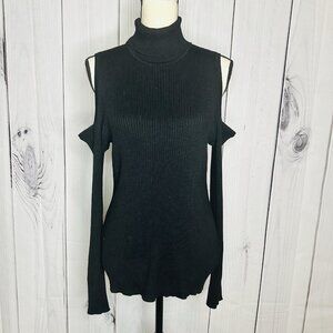 CABLE & GAUGE Cold Shoulder Ribbed Turtleneck Sweater Black Sz L